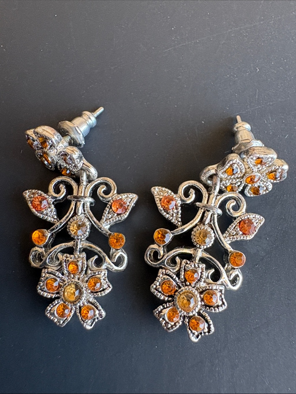 Silver-Tone Floral Drop Earrings with Amber Crystals